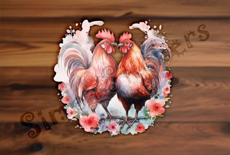 Rooster and hen chicken in love, flowers all around, watercolour