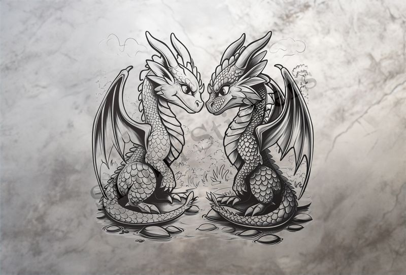 Baby dragons nose-to-nose in love, wings slightly extended, outline art