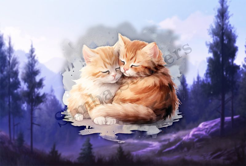 Cats cuddling, watercolour