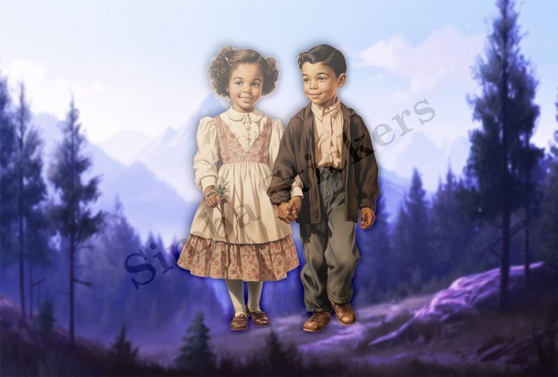 Boy and girls holding hands, elegantly dressed, vintage