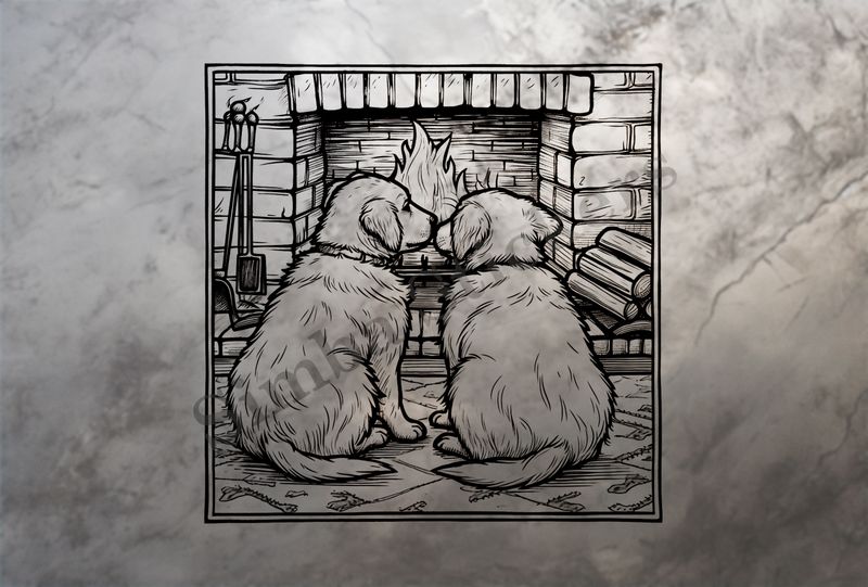 Dogs cuddling by a fireplace, from behind, outline art