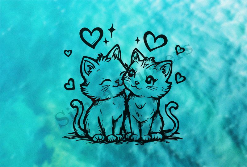 Cat kittens cheek-to-cheek, romantic, outline art