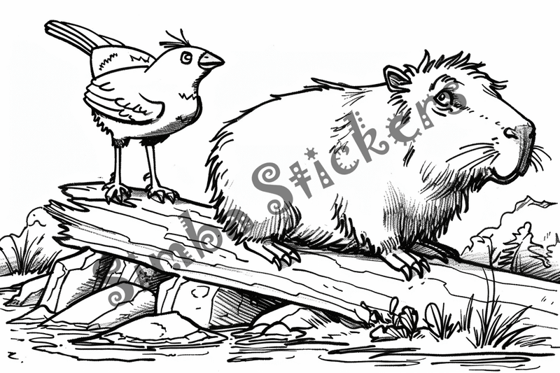 Colouring pages, bundle of capybaras with birds, 10 images