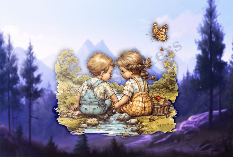 Boy and girl in love, in a stream, watercolour