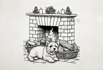 Dog by the fireplace, outline art