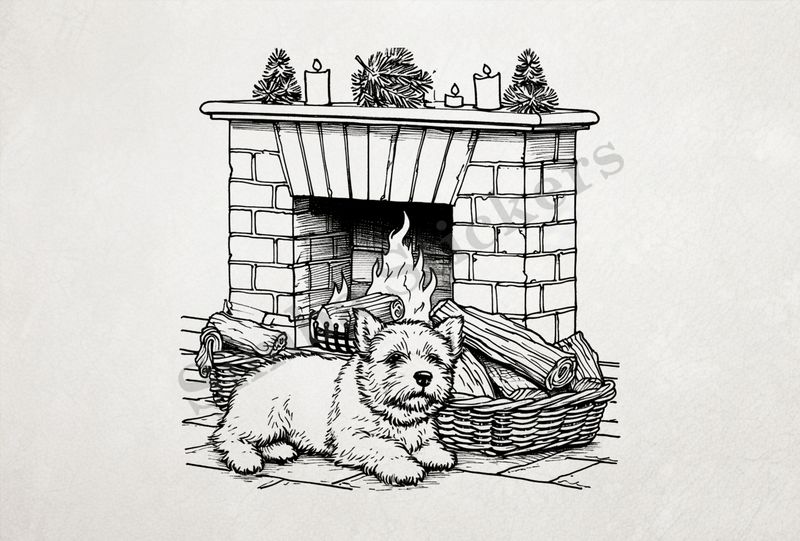 Dog by the fireplace, outline art