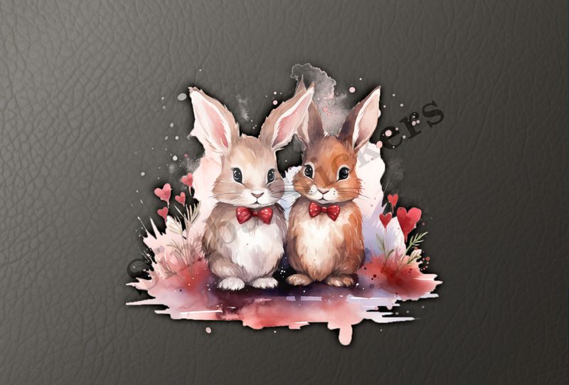 Bunnies with bowties in love, watercolour