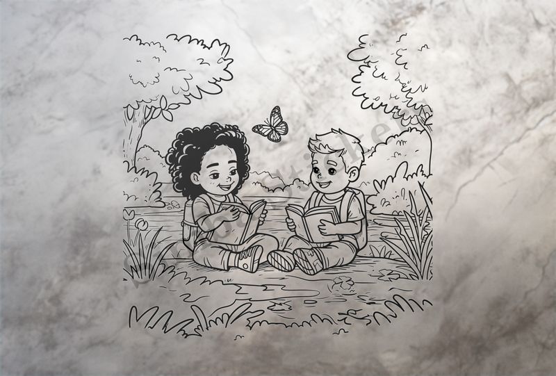 Boy and girl sitting reading books by the river, outline art