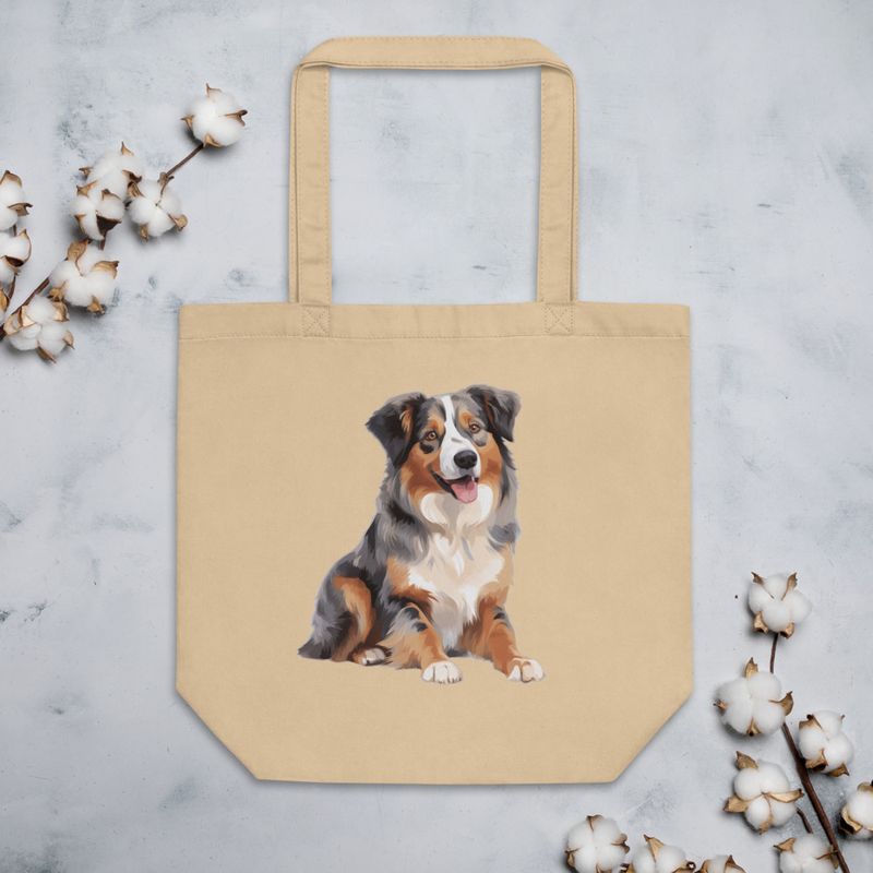 Eco Tote Bag, Australian Shepherd dog sitting with tongue out, multiple colours