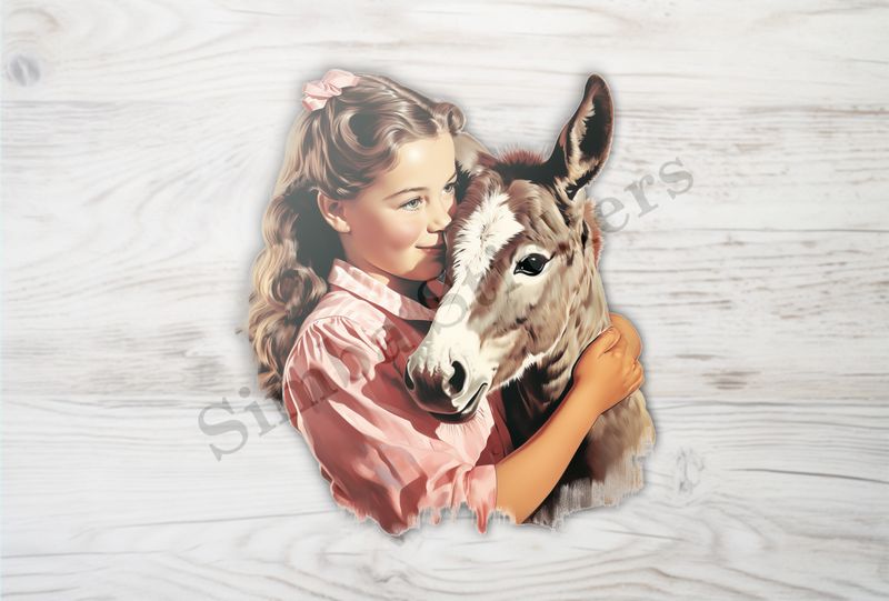 Donkey hugged by small girl of European origin in a pink dress