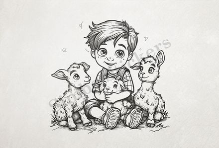 Goat kids with boy, one hugged, outline art
