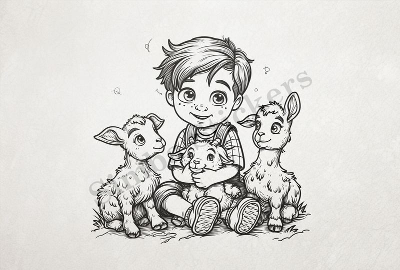 Goat kids with boy, one hugged, outline art