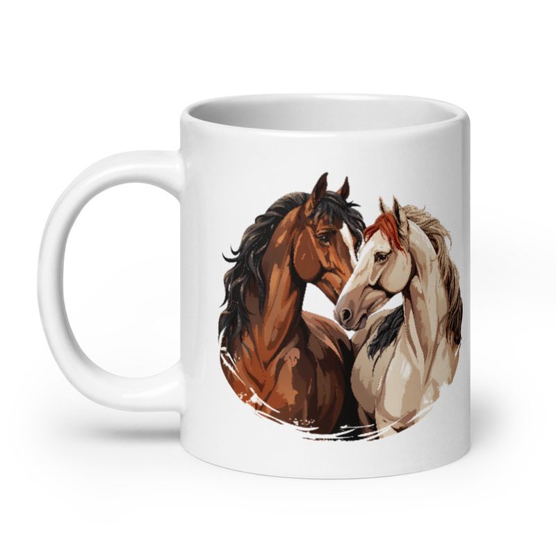 White Glossy Mug, 20oz, Horses nose-to-nose, jbgjpy
