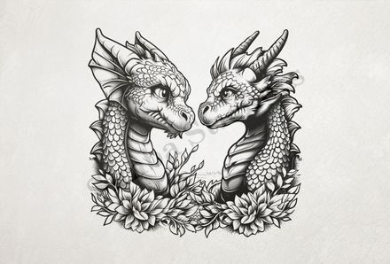 Baby dragons nose-to-nose in love, many flowers, outline art