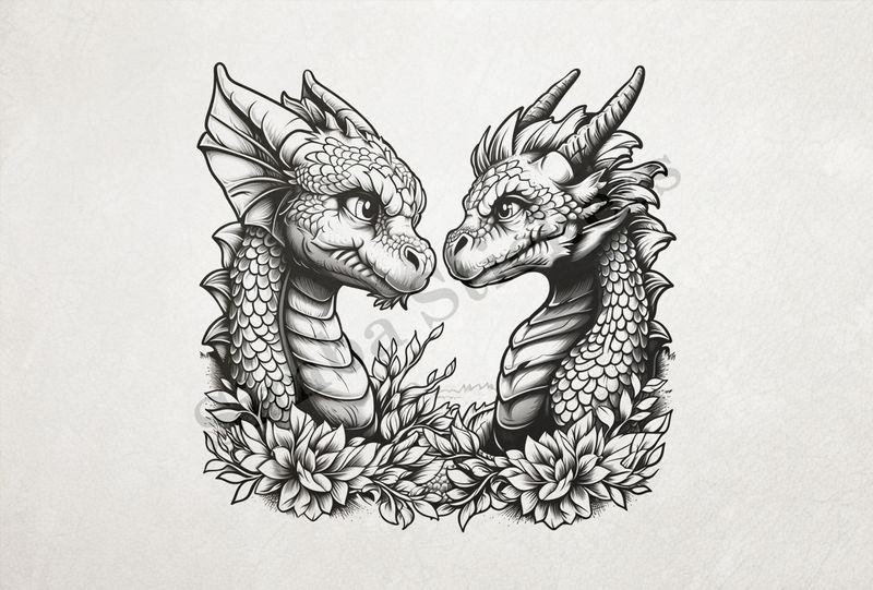 Baby dragons nose-to-nose in love, many flowers, outline art