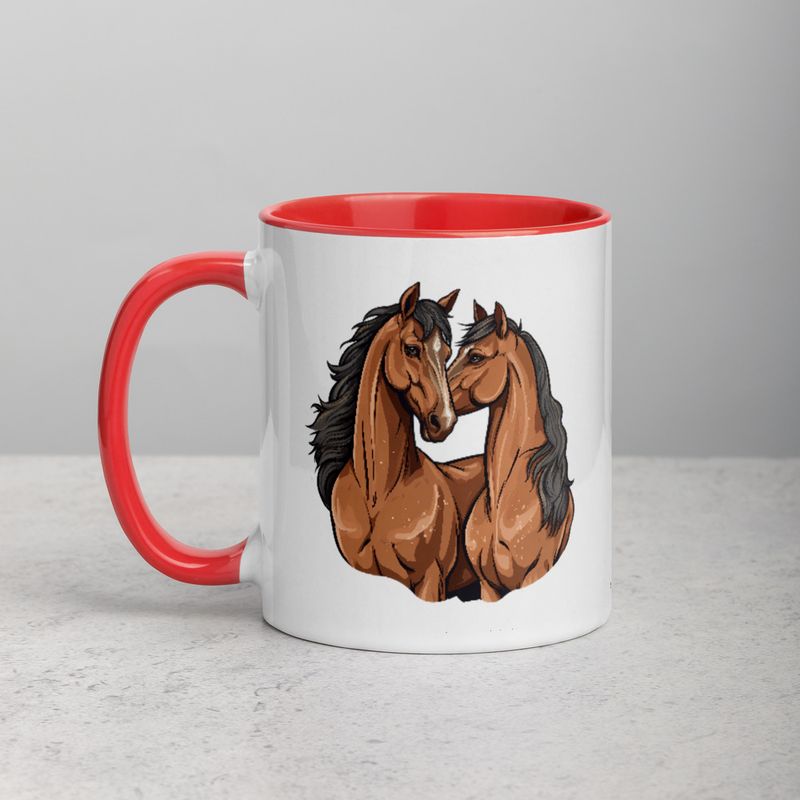 White Ceramic Mug with Color Inside, 11&amp;15oz, Two brown horses snuggling, tdwcyd