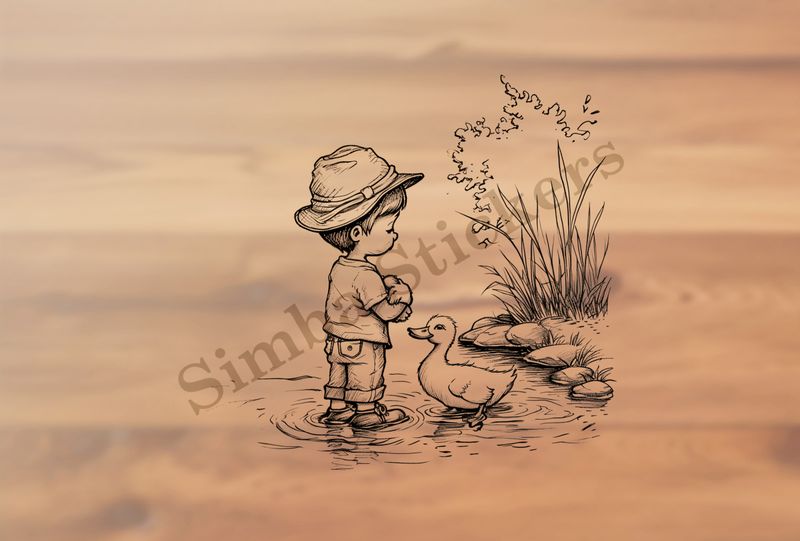 Duck approaching boy holding duckling in a pond, outline art