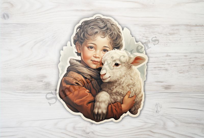 Lamb hugged by small boy , vintage