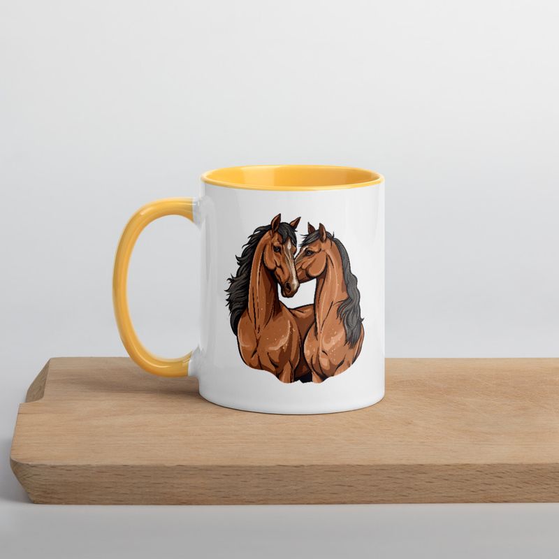 White Ceramic Mug with Color Inside, 11&amp;15oz, Two brown horses snuggling, tdwcyd