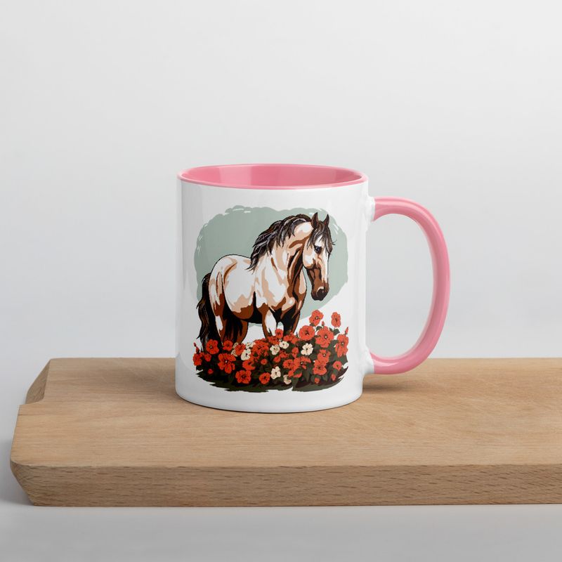 White Ceramic Mug with Color Inside, 11&amp;15oz, Brown horse in field of red flowers, n4w2fj