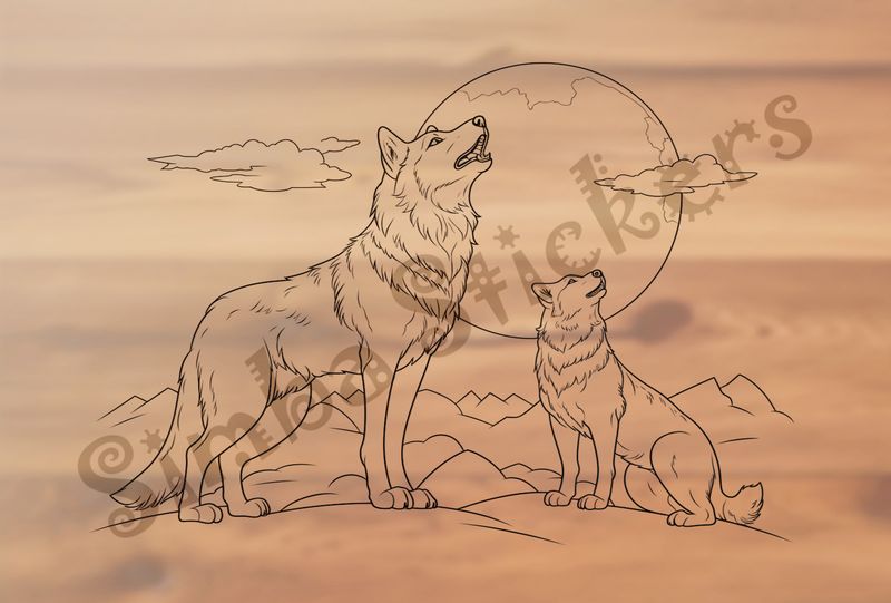 Wolves howling at the moon, mountaintops in the backgroung, outline art