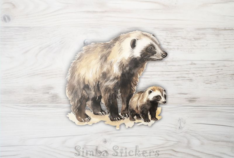 Honey Badger mother standing over child, watercolour, hj6foc