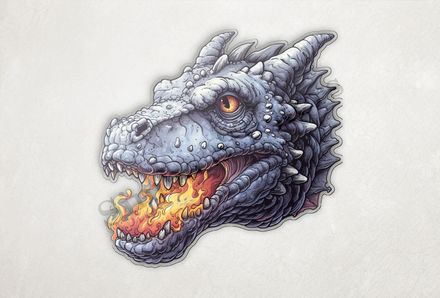 Fierce grey dragon breathing fire, face