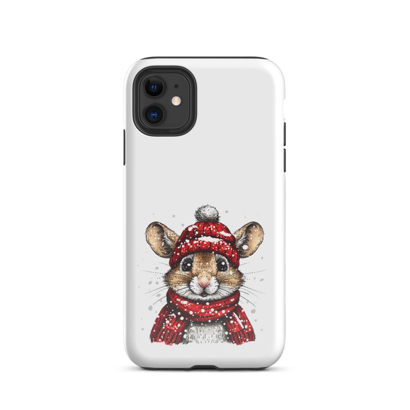 Tough Case for iPhone, Mouse wearing red winter hat and scarf in the snow, xg8dl3