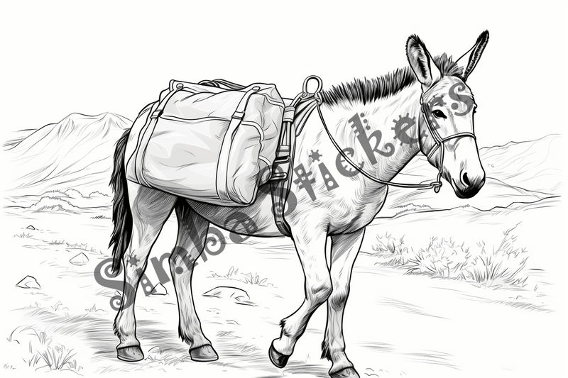 Colouring pages, bundle of singular donkeys, 10 images
