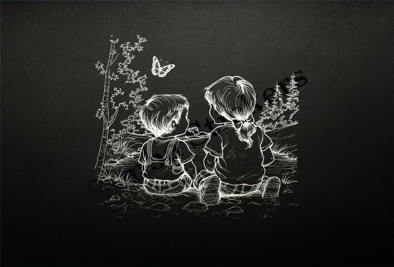 Boy and girl sitting at one end of a pond, outline art
