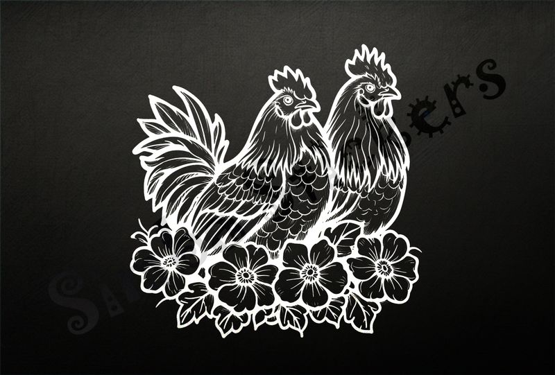 Rooster and hen chicken cuddling over flowers, outline art