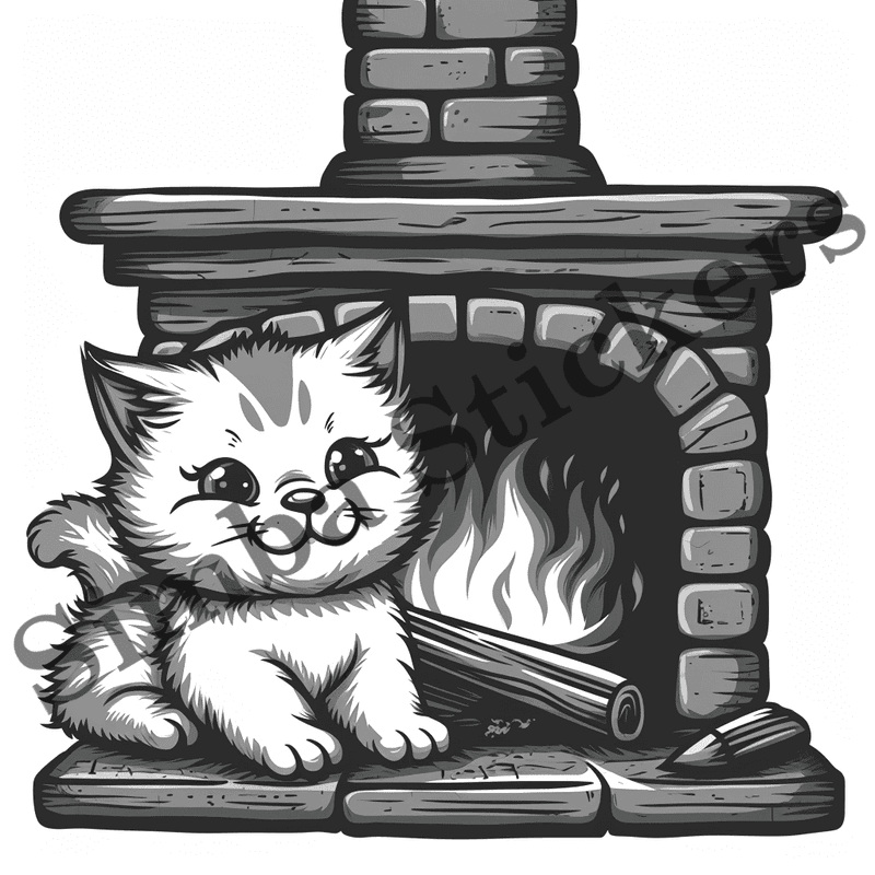 Cats by fireplace, outline art, image set, 10 images