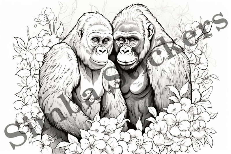 Colouring pages, bundle of gorillas in love, 10 images