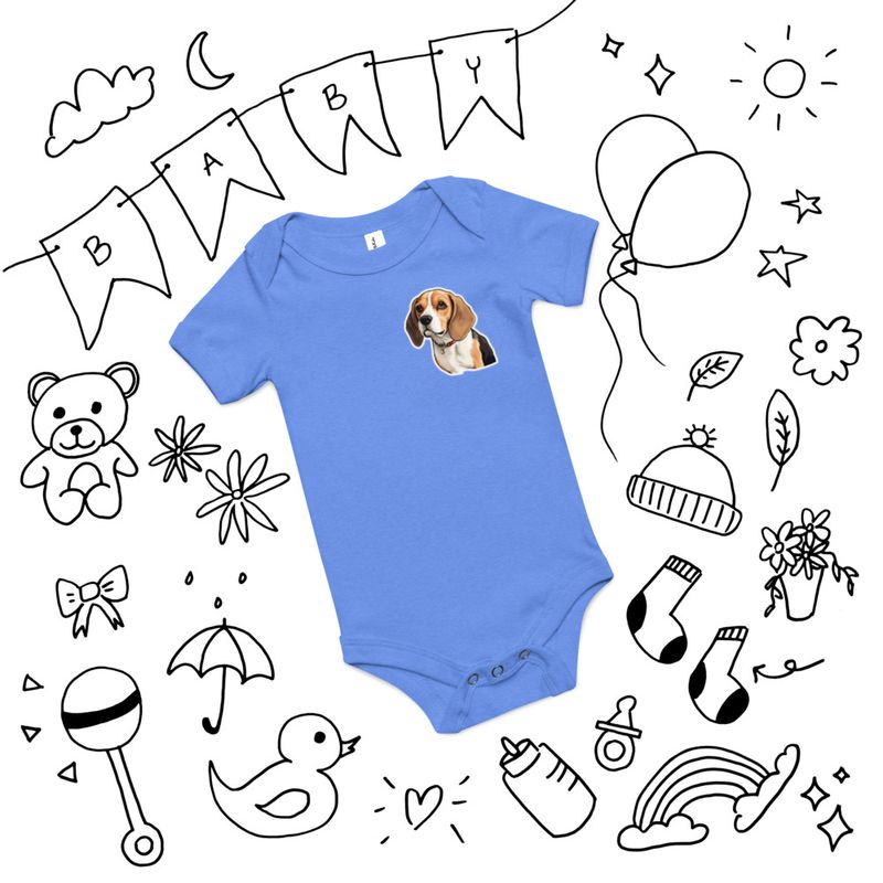 Baby Short Sleeve One Piece, 3-24 Months, Beagle dog with collar, left chest 