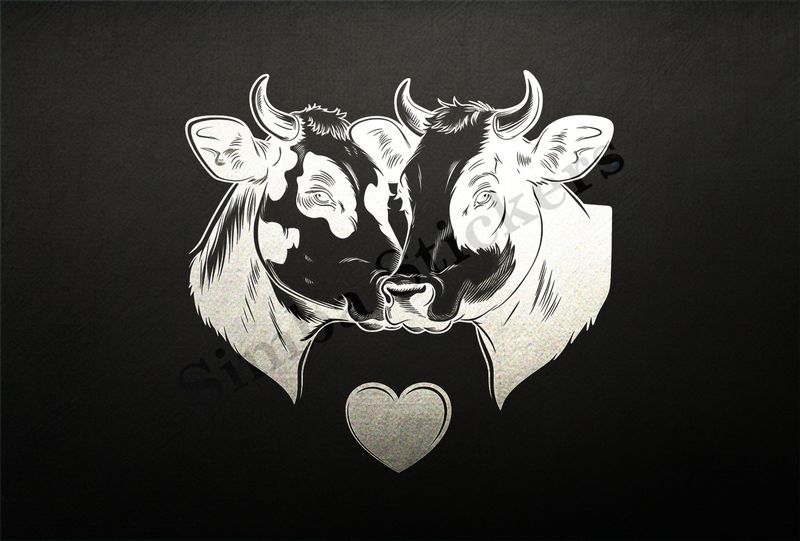 Cattle, bull and cow cheek-to-cheek, heart in picture, outline art