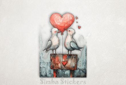 Seagulls on either side of a Valentine&#x27;s heart balloon, watercolour, wm9x53