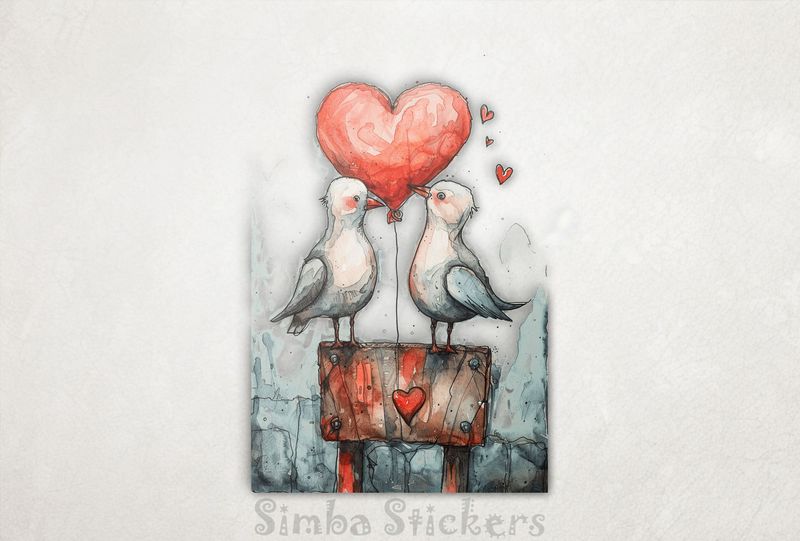 Seagulls on either side of a Valentine&#x27;s heart balloon, watercolour, wm9x53