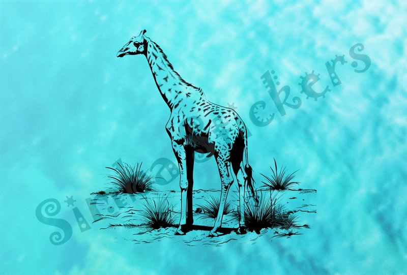 Giraffe standing in shrubs, outline art