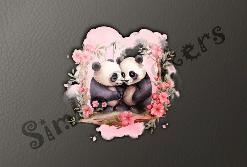 Panda bears in love, rosy background, kahr3b