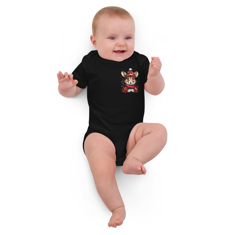 Organic Cotton Baby Bodysuit, 3-18 months, Mouse wearing red winter hat and scarf, xg8dl3,left chest