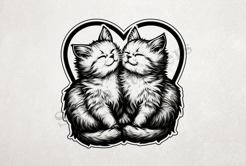 Cat kittens, romantic, outline art