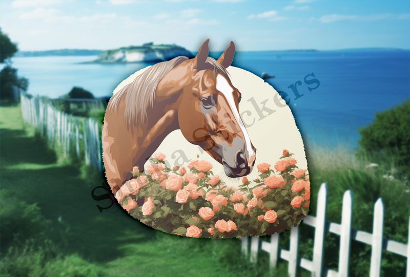 Brown horse bust behind pink flowers