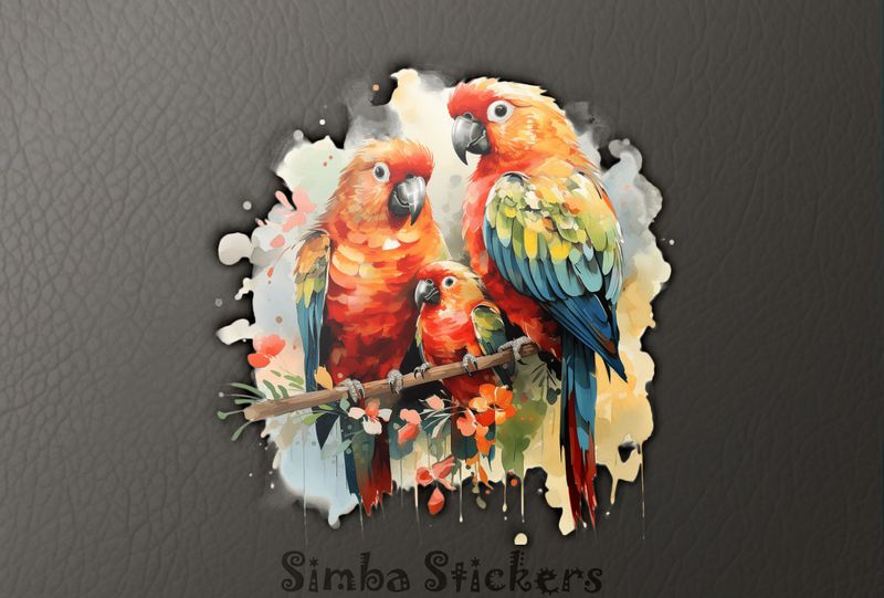 Parrots in love with youngling in between them, 910piu