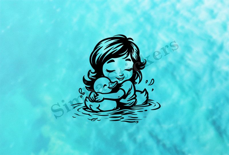 Small girl hugging duckling in a pond, outline art