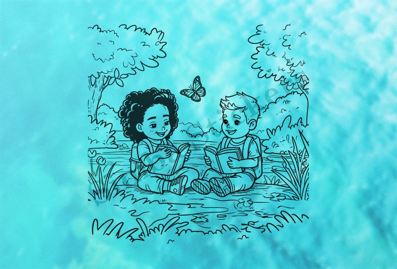 Boy and girl sitting reading books by the river, outline art