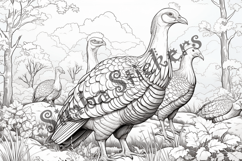 Colouring pages, bundle of turkeys, 50 images