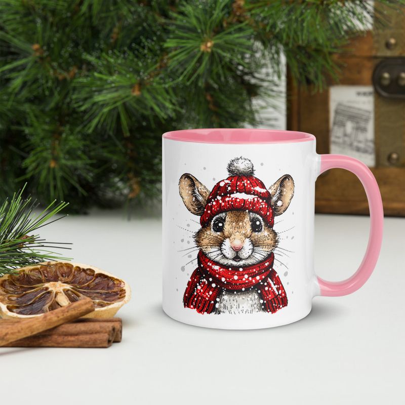 White Ceramic Mug with Color Inside, 11&amp;15oz, Mouse wearing red winter hat and scarf in snow, xg8dl3