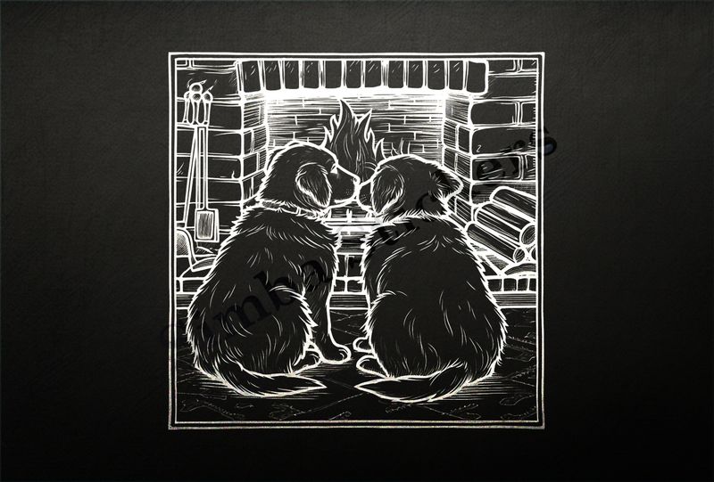 Dogs cuddling by a fireplace, from behind, outline art