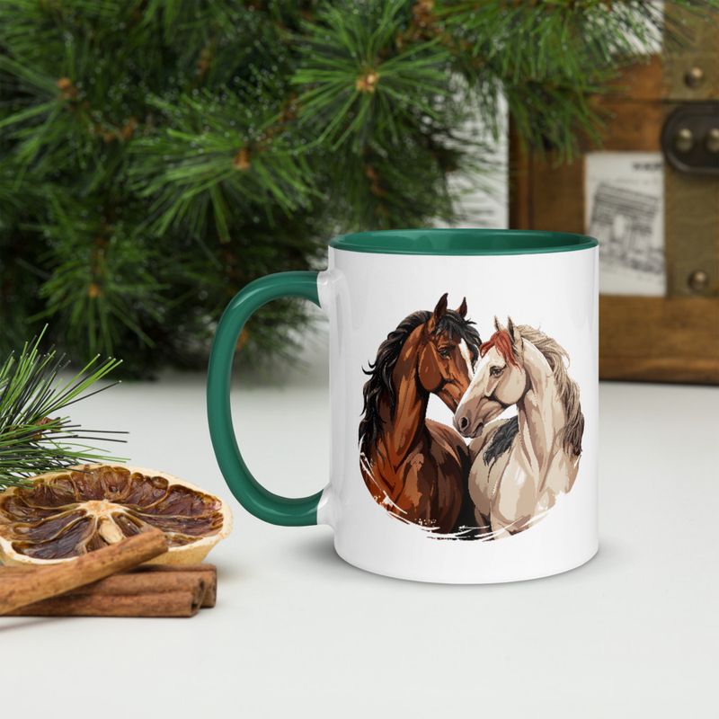 White Ceramic Mug with Color Inside, 11&amp;15oz, Horses nose-to-nose, jbgjpy
