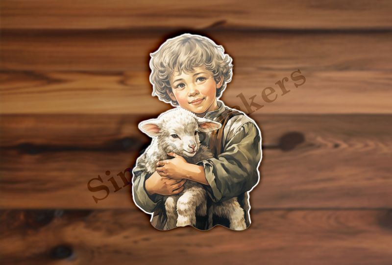 Lamb hugged by boy , vintage